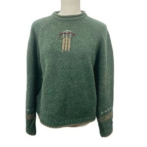 Vintage Woolrich Christmas Sweater Lambs Wool Winter Sled Snow Womens Sz L Green